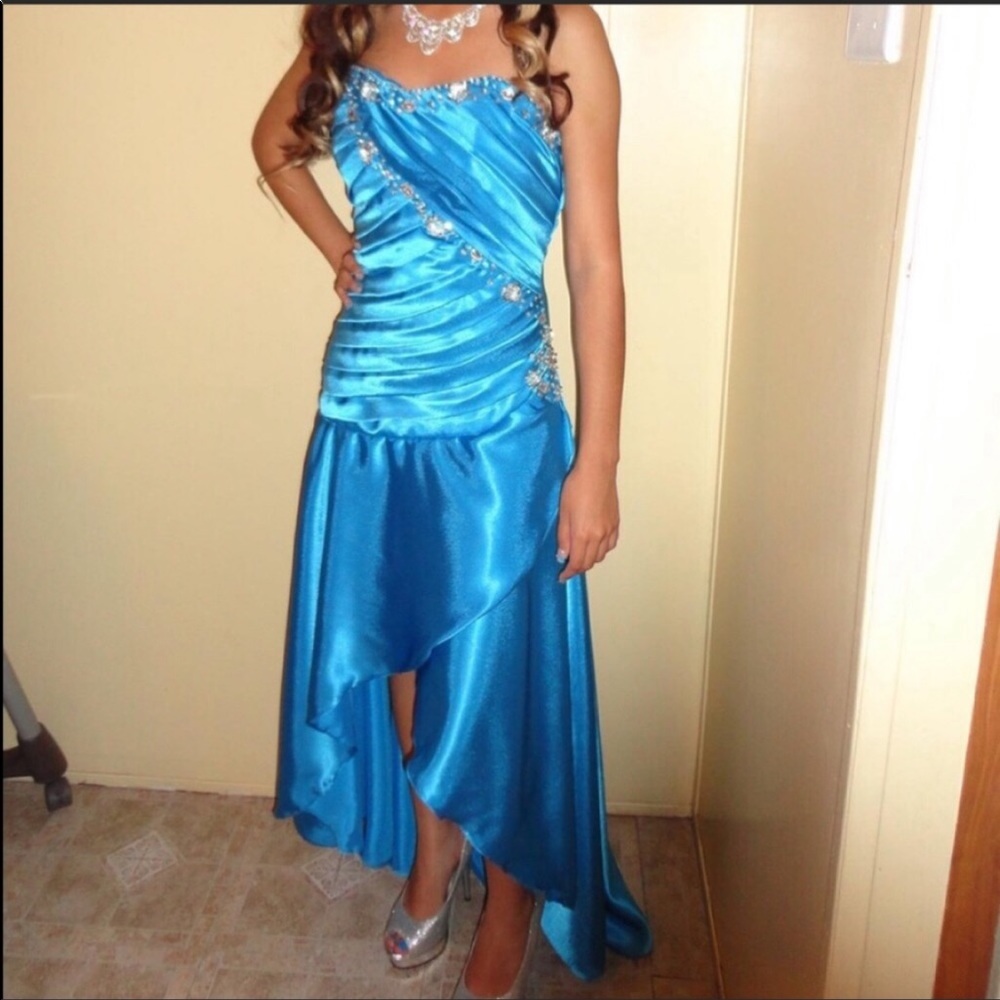 Blue strapless beaded prom dress